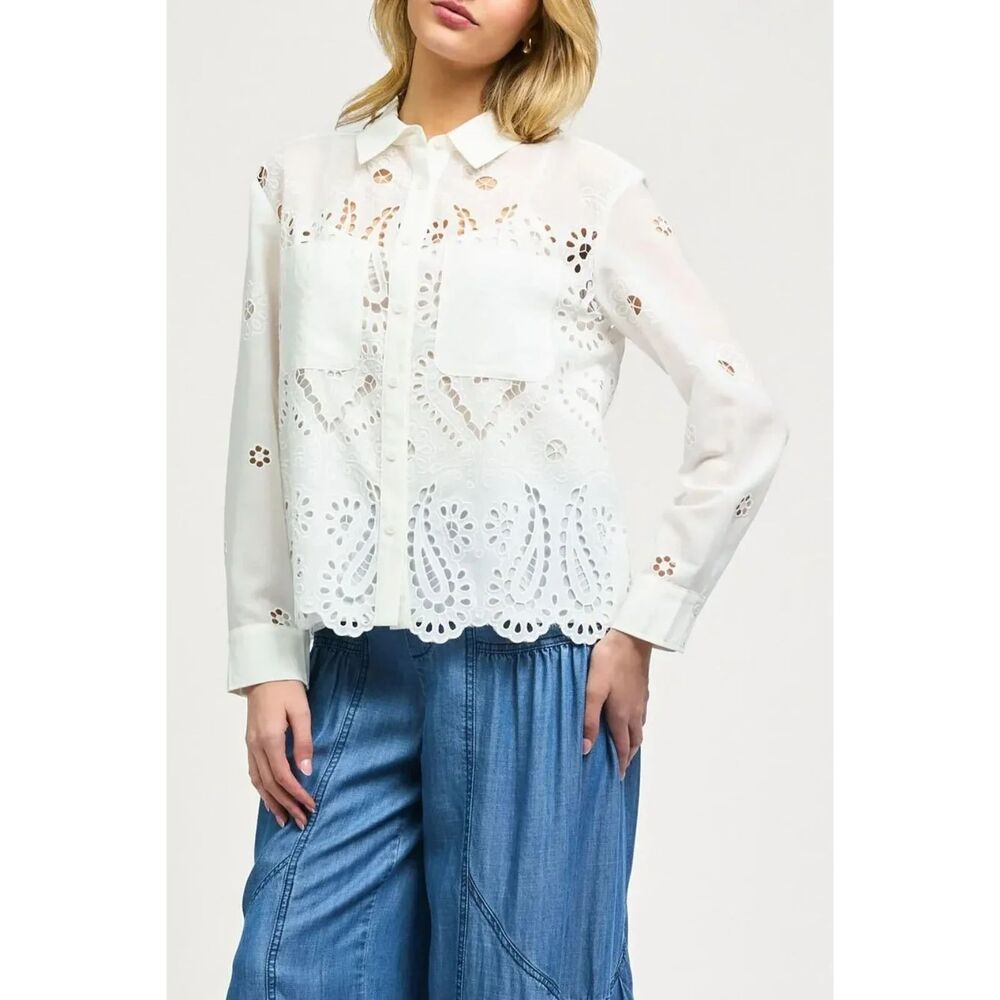 Current Air Marissa Eyelet Blouse Small Linen Blend Sheer Boho Preppy Coastal